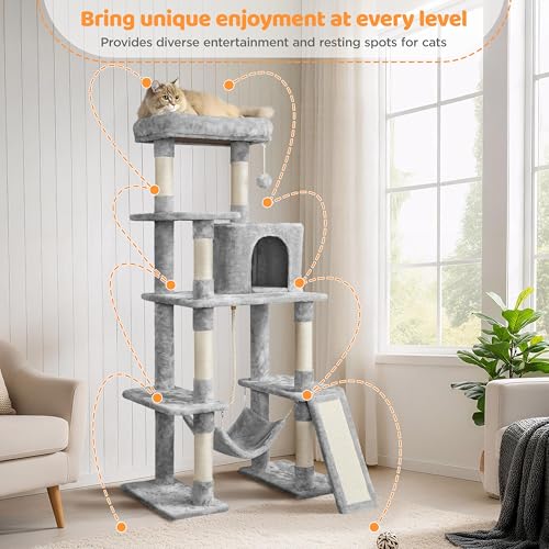 Image of Yaheetech Cat Tree Tower for Large Cats, Multi-Level Condo & Hammock | Sisal posts, scratch board, roomy condo, hammock, and a wide 21-inch top perch fit large cats; condo holds up to 22 lb