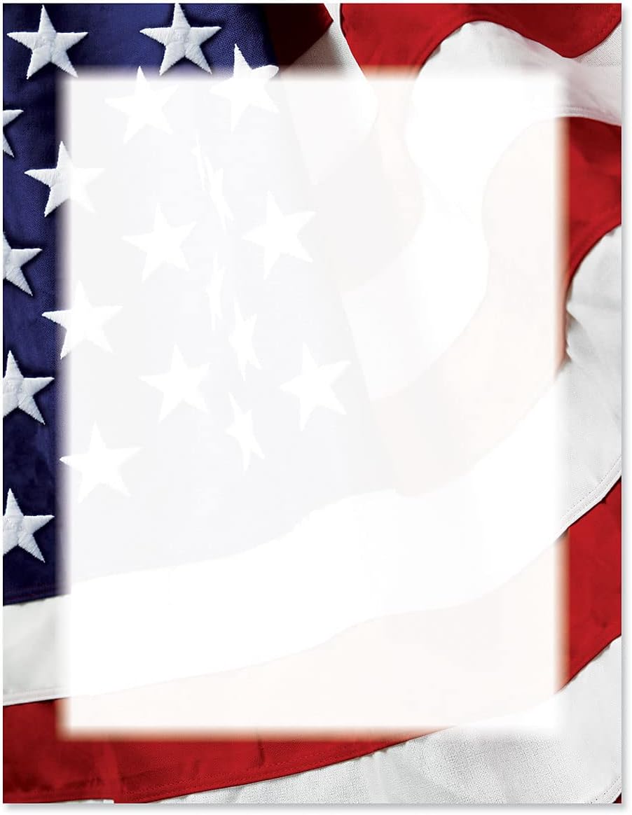Grand Ol' Flag Patriotic Letter Papers - Set of 25, American Flag stationery papers, 8 1/2 x 11, compatible computer paper, Patriotic Letterhead, 4th of July flyers, Veterans Day, Memorial Day