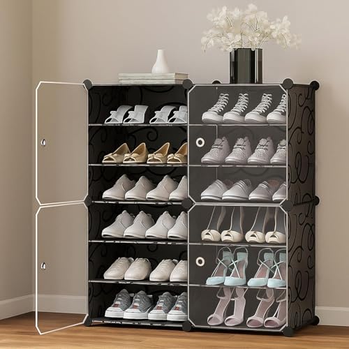 Image of Premium Modular Plastic Shoe Rack for Home | 12 ๐๐๐๐๐
Shoe Rack with 4 Doors, Hook Holder for Home Storage Organizer with Metal Door Frame to Cover Chappal Slipper Sandals Shoes - Black