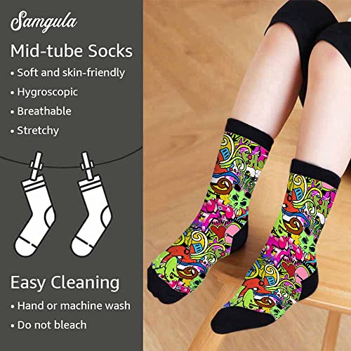 Image of Red Striped Crew Socks for Woman Size 6-8 Christmas Tree Moose Snowflake Dots Lines Girls Socks