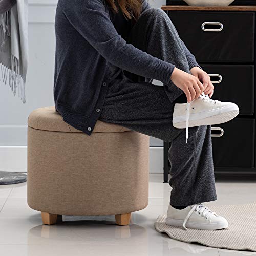 HNNHOME 45 cm ronde linnen Ottomaanse opbergkruk met gewatteerde zitting, voetenbank, poef, stoel met deksel (Beige) - Afbeelding 3