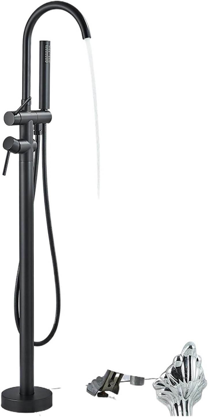 Floor Free Standing Faucet Mixer Single Handle Hot Cold Water Mixer with 360 Rotation Spout with Handshower(Matte Black)