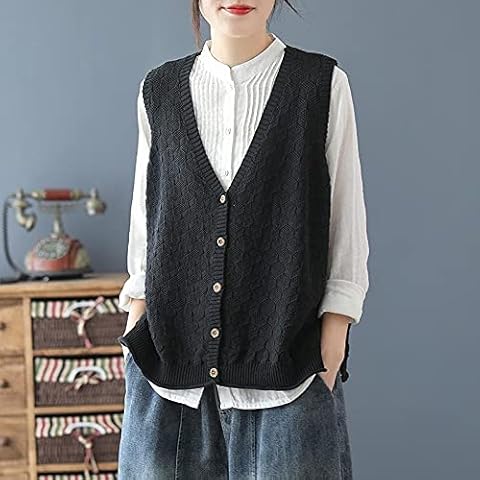 Sweater Vest,Womens V Neck Gilets Knitted Vest Solid Color Cardigan Jacket 3D Lattice Geometric Jacquard Loose Casual Tank Top Vintage Sweater Sleeveless Waistcoat Jumper Uniform Preppy Style,Black Cover
