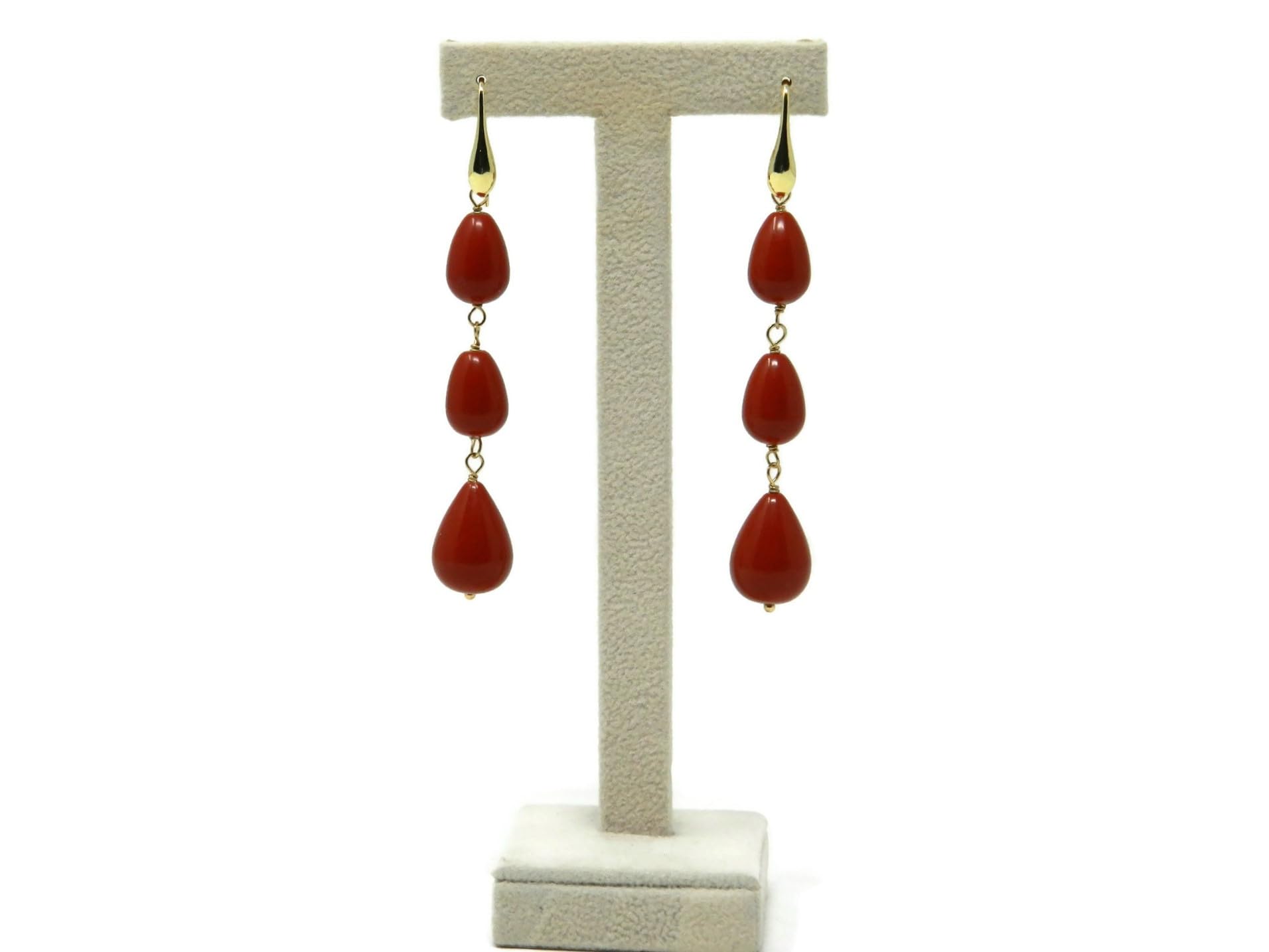 Orecchini Pendenti in Pasta di Corallo Rosso Sardegna, 3 Gocce, Argento 925 Placcato Oro, 8,5 cm, DodiGioielli