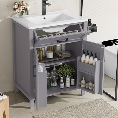 Lahoomu 60x46x84,8cm Bodenstehender Badezimmerschrank mit Waschbecken, Waschtisch, Volllackierung, Doppeltürregale, Praktische Schubladen, Verstellbare Regale, Integriertes Keramikwaschbecken, Grau