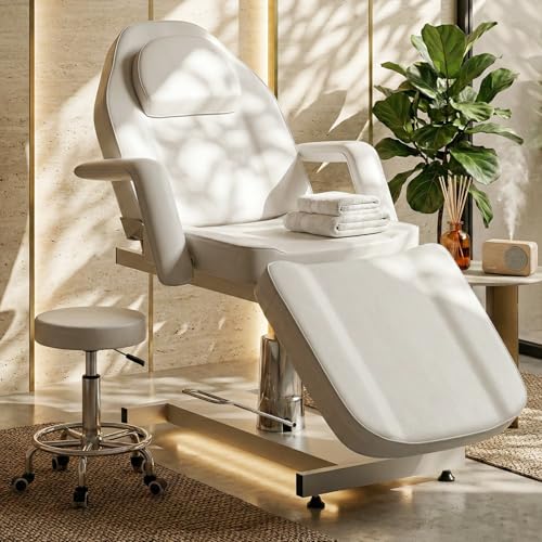 Icoget Hydraulic Tattoo Chair Bed for Client, Professional 360 Swivel Facial Chairs Esthetician Bed Table for Spa Lash Microblading Waxing & Physical Therapy, White
