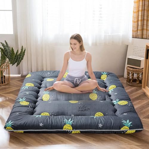 Image of MAXYOYO Grey Pineapple Japanese Floor Futon Mattress, Tatami Floor Mat Portable Camping Mattress Kids Sleeping Pad Foldable Roll Up Floor Lounger Couch Bed Full Size with Mattress Protector Cover