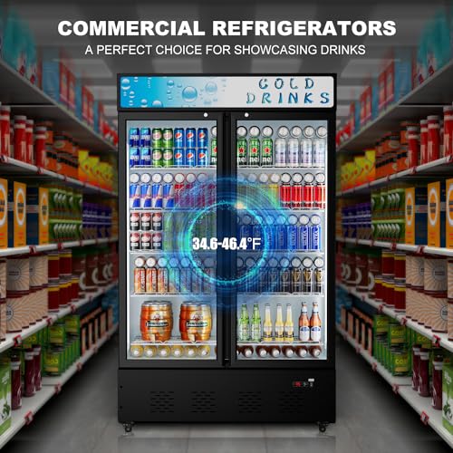 Image of Commercial Display Refrigerator Glass Door 40 cu.ft Commercial Beverage Refrigerators with LED and Shelves for Cafe, Restaurant, Store