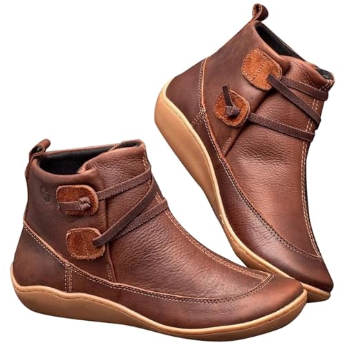 Women's Vintage Casual Short Ankle Boots, Arch Support Fashion No Heel Lace Up Retro Leather Booties Comfy Slip On Wide Fit Flat Shoes Women's Waterproof Combat Boots