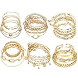 IFNODO 28pcs Gold Chain Bracelets Set for Women, 14K Gold Plated Multiple Layered Bangle Adjustable Cuban Link Bracelet Fashion Accessories Jewelry for Women Gift (6-set-Gold)