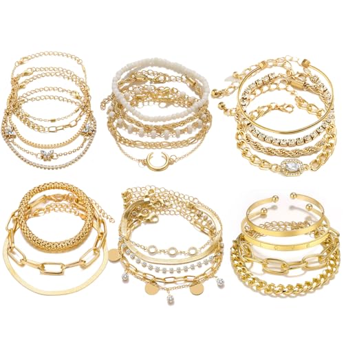 28pcs Gold Chain Bracelets Set for Women 14K Gold Plated Multiple Layered Bangle Adjustable Link Bracelet Anklet Fashion Accessories Jewelry Gift