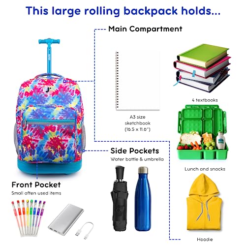 Image of J World Sunrise Kids Rolling Backpack with Wheels for Girls Boys, Roller Bookbag for School, 18 x 13 x 9 Inches, Tie Dye
