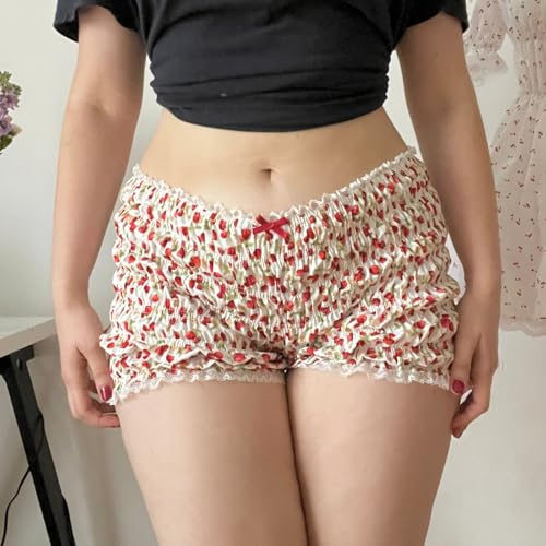 Image of Yuemengxuan Women Y2k Ruffle Shorts Ruched Plaid Shorts Micro Shorts Pajama Bottoms Y2k Cute Fairy Lace Edge Pettipants