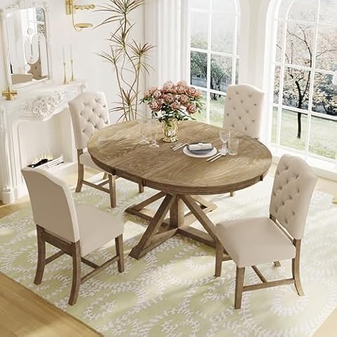 Bellemave Extendable Dining Table Set for 4, 5-Piece Round Table Set with 4 Chairs, Circle Table with Upholstered Chairs, Oval Kitchen Table Set with Extendable Table for Dining Room and Kitchen Cover