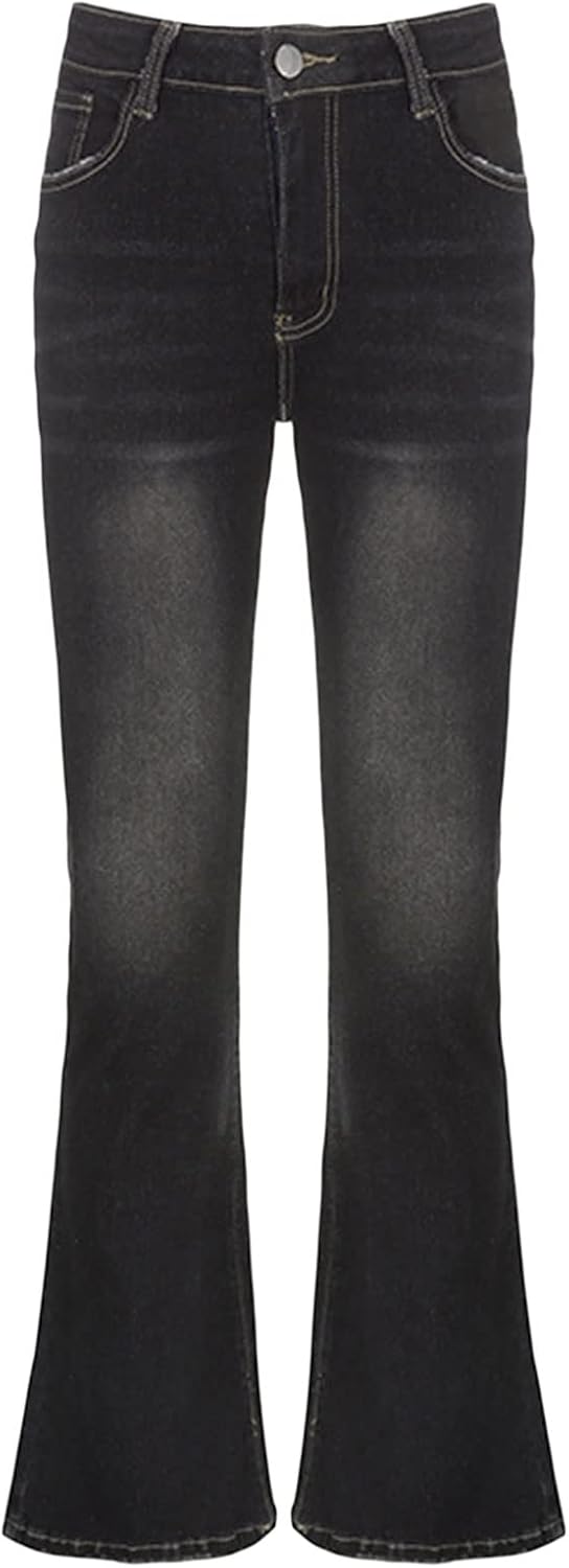 Womens Y2k Bootcut Jeans Pull On Wide Leg Stretch Washed Distressed Skinny Flare Pants Low Rise Trouser - Image 3