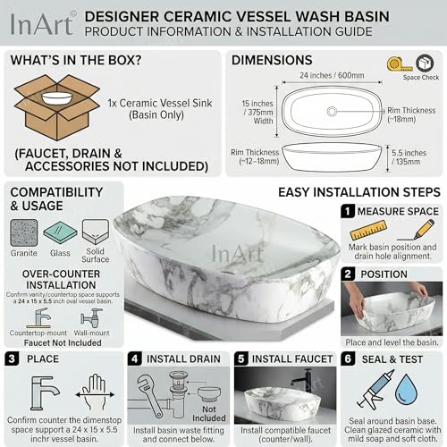 Image of Inart Ceramic Counter Top Wash Basin in Matt White Grey - Modern Design for Bathroom, Kitchen, Living Room - 60x37x13.5 cm (White Marble 5)