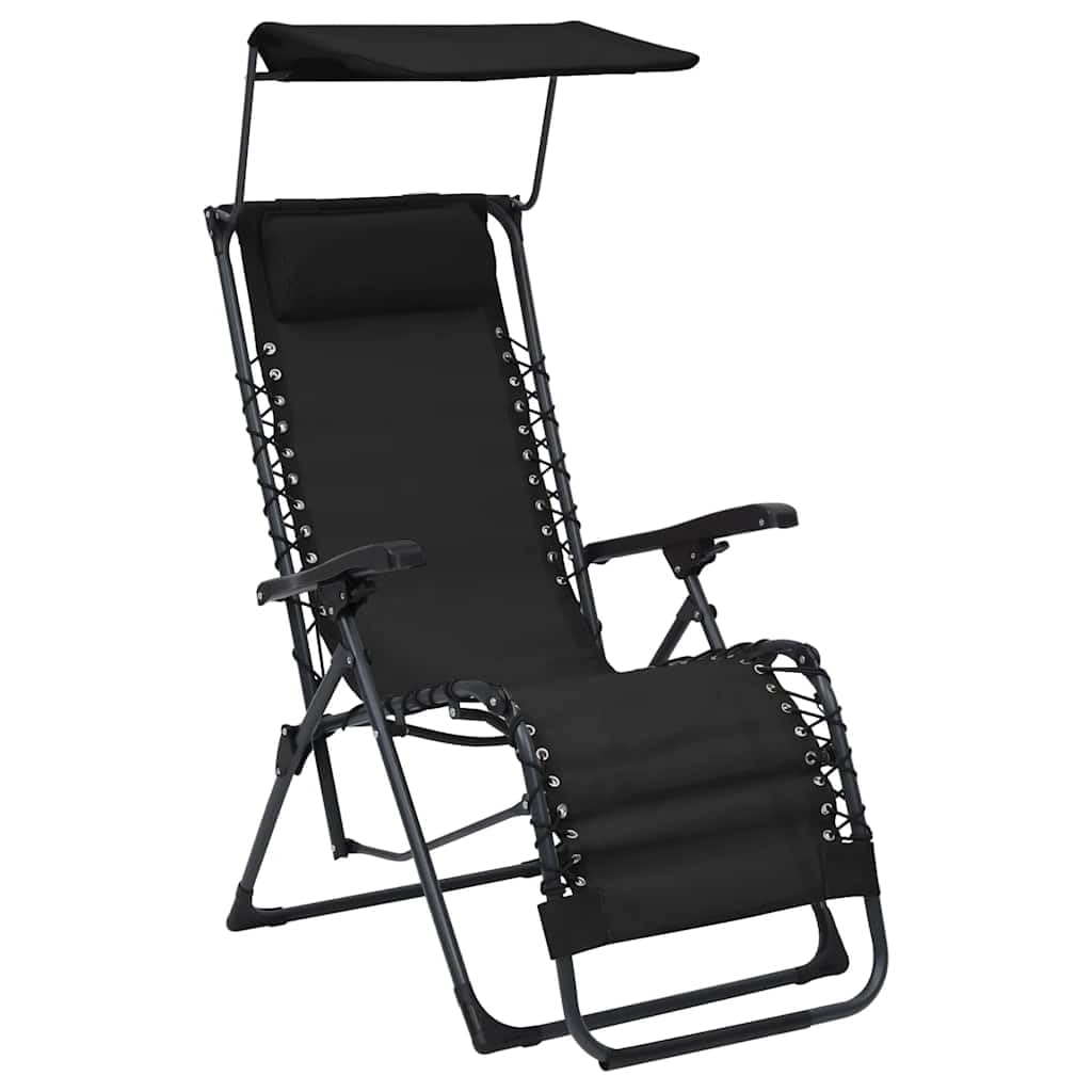 Verstellbarer Klappbarer Textilene Gartenliege Schwarz mit Sonnendach, Lounge Liegestuhl für Terrasse Balkon Garten Pool Strand Camping Wellness, wetterfest und leicht