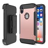 Trianium iPhone X Case [Duranium Series] with Holster Heavy Duty Protective Cover with Built-in Screen Protector for Apple iPhone X Phone (2017) Belt Clip Kickstand [Full Body Protection] - Rose Gold