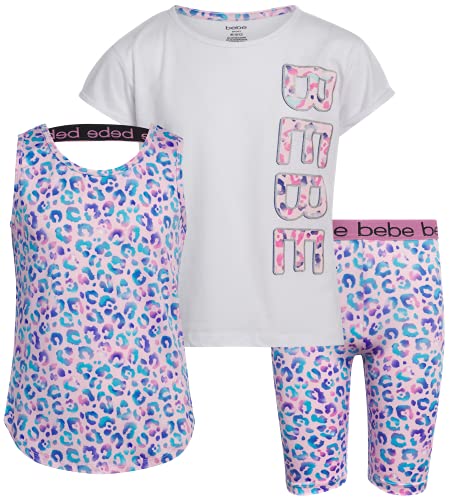 bebe Girls' Active 3 Piece Shorts Set - T-Shirt, Tank Top, and Bike Shorts, Size 10/12, White/Pink