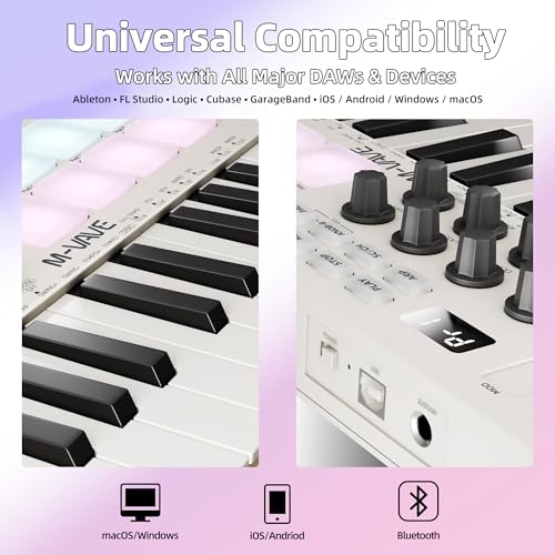 Image of 25-Key Wireless Bluetooth MIDI Keyboard Controller with 8 Assignable Knobs, USB-C Rechargeable, Arpeggiator & Chord Modes for Mac /PC /iOS /Android - White