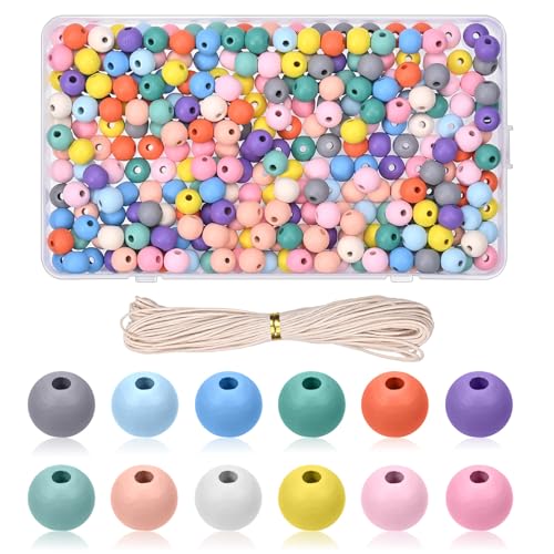 Szaboviktoria 300 Piazsa 10mm Vistoso Abalorios para Hacer Pulseras, Cuentas para Pulseras con Cuerda y Caja de Almacenamiento, Cuentas de Madera, para Bricolaje, Pulseras, Collares