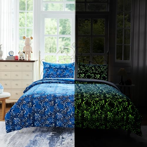 Image of Cokouchyi Twin Comforter Sets for Boys Girls, Glow in The Dark Kids Bedding Sets, 4 Pcs Twin Bed in a Bag with Comforter, Sheets, Pillow Sham, Galaxy