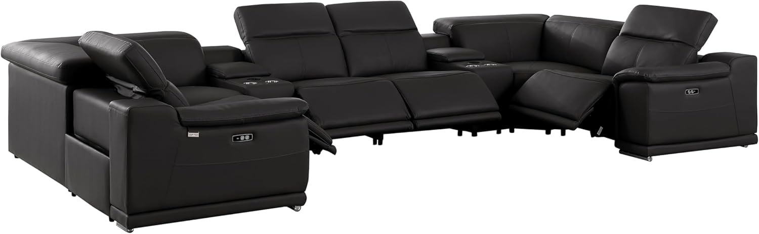 blackjack furniture venice 8-piece top grain italian leather sectional reclining sofa set with 4 power recliners adjustable headrests usb and wireless phone charger and console storage black