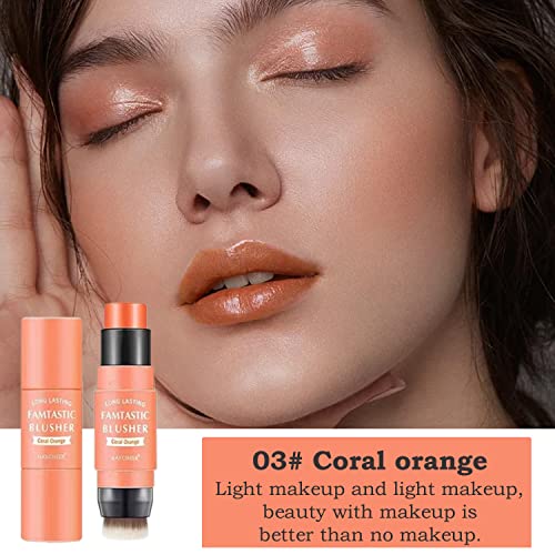 Cream Blush Stick With Brush, Double Head Matte Blush Stick For Cheek Blush & Lip Tint & Eye Shadow, 3 In 1 Long Lasting Contour Stick Suitable For All Skin (03# Coral Orange) #TOP1