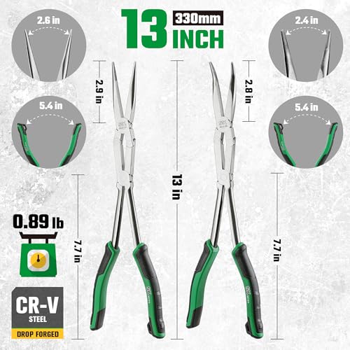 Image of SK 2-Piece Long Needle Nose Pliers, 13'' Double Compound Long Nose Pliers | Straight Long Reach Pliers, 45 Extra-long Bent Nose Pliers,Premium CR-V Steel, with Comfort Grips
