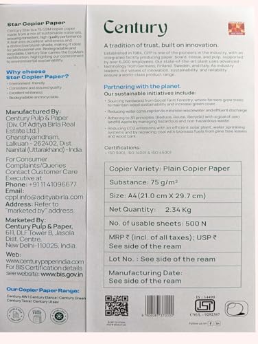 Image of Century Pulp & Paper Star A4 75 gsm White Copier Paper- Pack of 5 Reams (5 x 500 Sheets)
