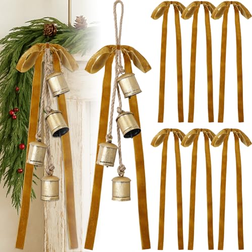 Suncalla 2 Pcs Christmas Cow Bells with 8 Pcs Khaki Velvet Christmas Bows Vintage Gold Bell Decorations with Velvet Ribbon Bows for Xmas Tree Wall Home Wedding Wreath Garland Staircase Indoor Outdoor