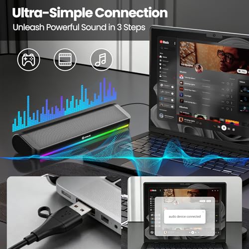 Image of Tylubio Computer Speakers for Desktop, HiFi Stereo PC Soundbar with Dynamic RGB Lighting, USB & Type-C Plug&Play, Volume Control Knob, Wired Speakers for Gaming, Laptop, Monitor, Office Black