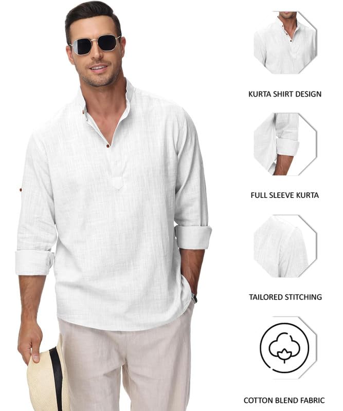 Image of Macsivo Men's Cotton Blend Solid Short Kurta with Regular Lenth Mandarin Collar Short Button Placket Rolled up and Full Sleeves Kurta for Men