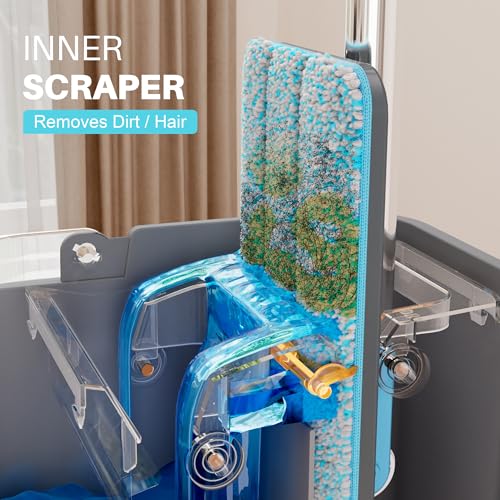 Image of JOYMOOP Mop and Bucket Set with Wringer, with 3 Reusable Microfiber Mop Pads, Mops for Floor Cleaning and Wall Cleaning, Hands-Free Flat Mop for Home Use - Grey+Cyan Blue