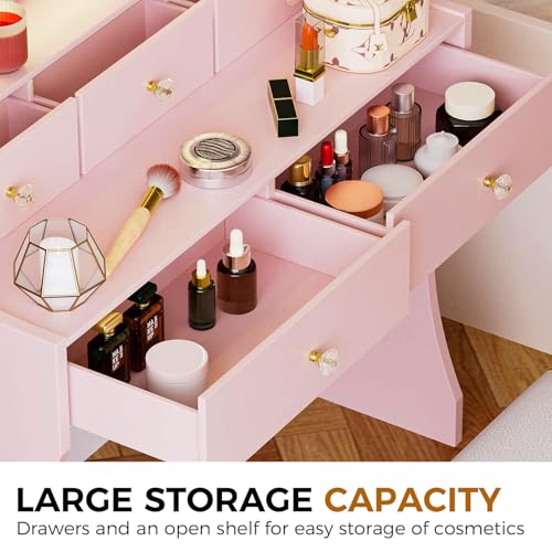 COMHOMA Makeup Vanity Desk with Mirror and Lights, Vanity Table and Chair Set with 5 Drawers and Charging Station, Bedroom Dresser LED Mirror Stepless Dimmable & 3 Color Modes Adjustable, Pink