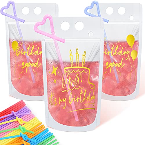 20 Pcs Birthday Drink Pouch Cups with 20 Straws, Plastic Drink Pouches Clear Zipper Bags Birthday Squad Party Cups, Reusable Drink Pouches Birthday Party Decorations Birthday Gift