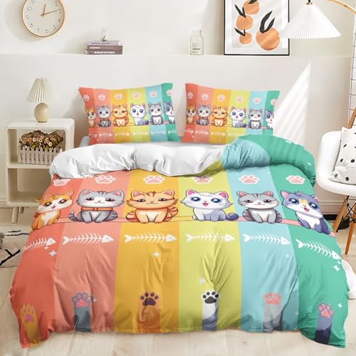 ZKTCYC Chat de Dessin Animé Housse de Couette Enfant Chat Arc-en-Ciel Parure de Lit 140x200 Enfant Garçon Fille Adulte Housse de Couette 1 Personne en...