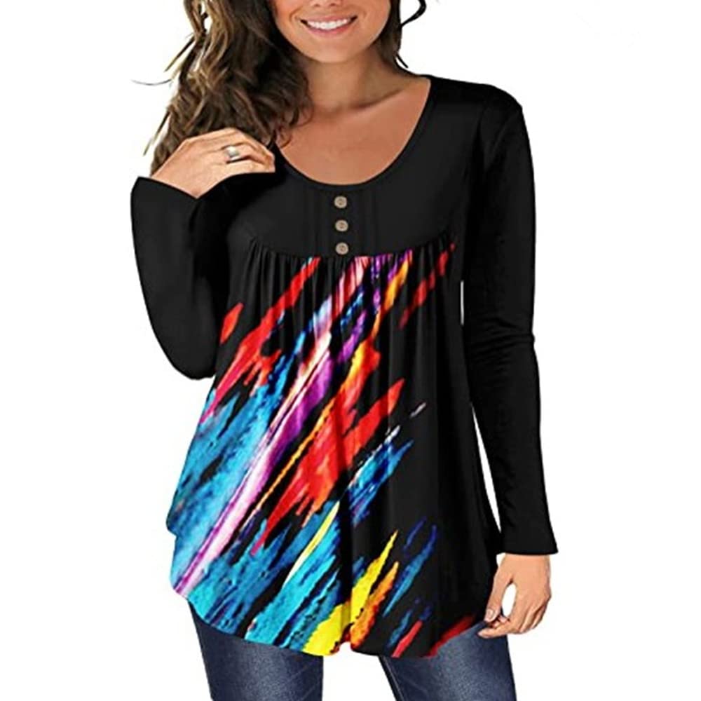 XIVISTO Camiseta de Manga Larga Mujer Blusa Cuello en V Casual T-Shirt Suelto Túnico Elegante Floral Camisas Tops