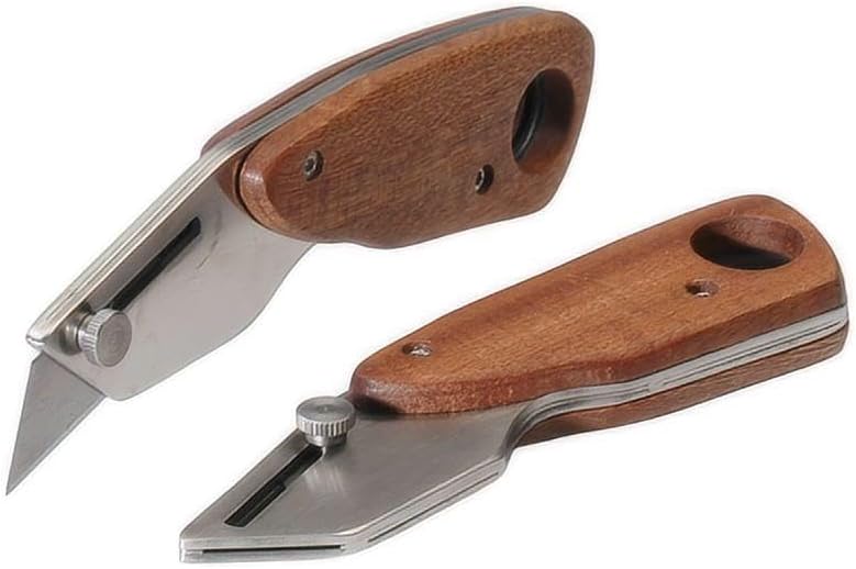 Premium Retractable Leather Knife with Walnut Handle - Heavy Duty Stainless Steel Leather Cutter, Zero Wobble Locking Mechanism, Includes 10 Trapezoid & 10 Hook Blades for DIY Crafts & Box Cutting