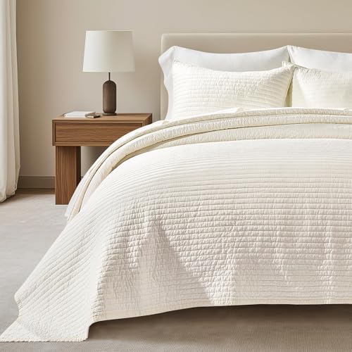 EVERGRACEHOME Cotton Sateen Quilt Set King Size, Pre-Washed Cotton Channel Stitch Coverlet Bedspread, 3 Pieces Lightweight Soft Bedding Sets for All Season, with 2 Pillow Shams, Cream