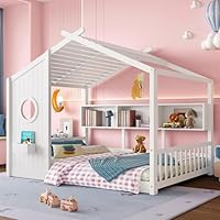 CKLMMC Full Size Floor House Bed with Roof and Window for Kids, Wooden Playhouse Bed with Storage Shelves for Bedroom Furniture Girls & Boys (White/L1, Full)
