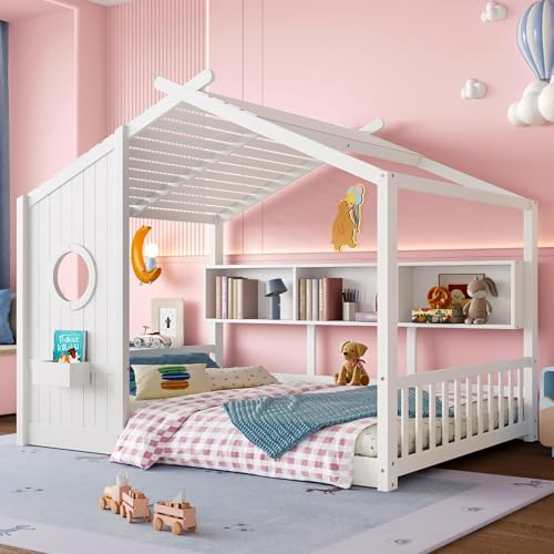 Image of Full Size Floor House Bed with Roof and Window for Kids, Wooden Playhouse Bed with Storage Shelves for Bedroom Furniture Girls & Boys (White /L1, Full)