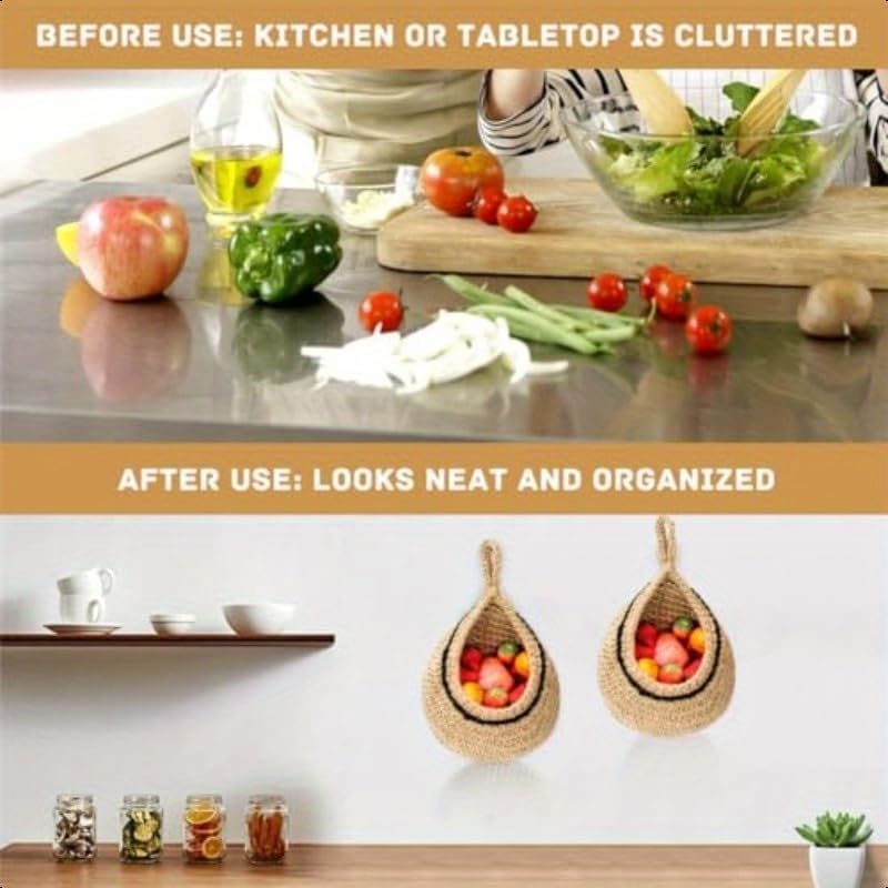 Hanging Fruits Baskets, Wall Hanging Basket for Kitchen Teardrop Hanging Baskets Boho Storage Baskets with Hook,for Vegetable Onion Potato Garlic and Plants