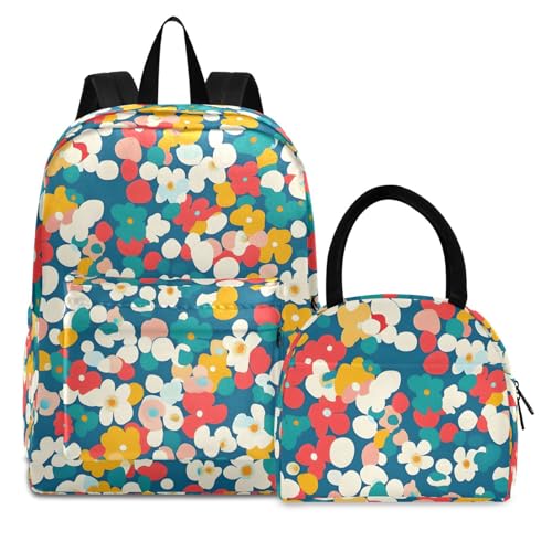 Pattern Anime Floral Print Backpack Set with Lunch Bag, Large Capacity Travel Backpacks and Lunch Box Insulated for Commute Hiking Picnic