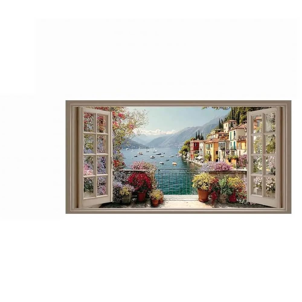 Dittelle Leinwandbild, Landschaftsbild mit Blick aus dem offenen Fenster auf den Comer See in Italien, mediterranes Dorfmotiv, Heimdekoration (70 x 140 cm/Innenrahmen)