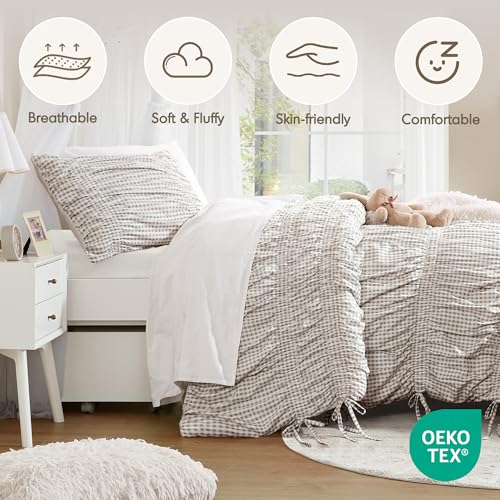 Image of Intelligent Design Ruched Shabby Chic Brown Twin XL Comforter Set, 2pc | Girls Dorm Gingham Bedding Set, French Country, All Season Down Alternative, Cozy, Machine Washable, Lightweight, Breathable