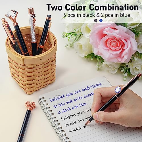 WEMATE 8 Pcs Ballpoint Pens Set Metal Crystal Diamond Pen Glitter Pen for Journaling Black & Blue Ink Pretty Cute Writing Pens Fancy Pens Gifts for Women Office Home Black - Image 4