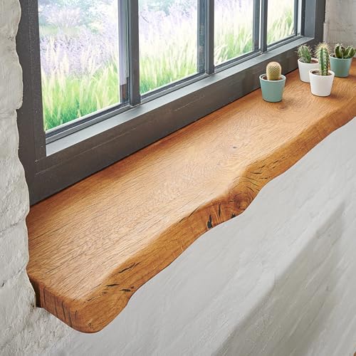 SPONHOLZ Fensterbank Eiche Massivholz | Schlichte Baumkante | 100X25 cm | deutsche Manufaktur, natürlich, Regal, Brett, Board, Platte, Abdeckung