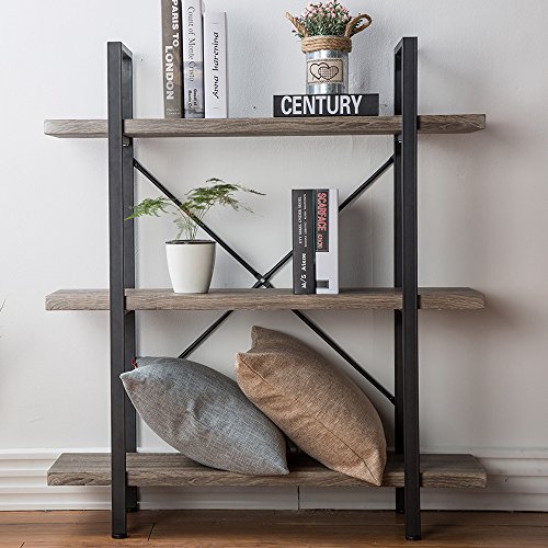 Hsh 3-Shelf Bookcase, Rustic Gray 3 Tier Bookshelf, Vintage Industrial Wooden And Metal Display And Storage Bookshelves Tower For Home Office Livingroom Bedroom Light Grey Oak #TOP6