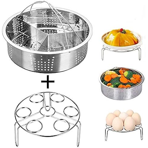 Smooce Pressure Cooker Accessories Steam Basket with Egg Steamer Rack, Divider, Fits Instant Pot 5,6,8 qt Pressure Cooker, Stainless Steel, Set of 3, Energy Class A + (0.5) Cover
